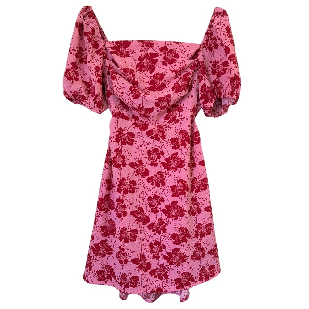 Lush Romantic Femme Pink Red Floral Puff Sleeve Cutout Back Mini Dress Size L
